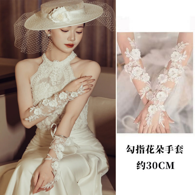 Wholesale Bridal Wedding Ceremony Gloves Water Soluble Lace Flower Diamond Hook Finger Long Gloves Hollow Open Finger New