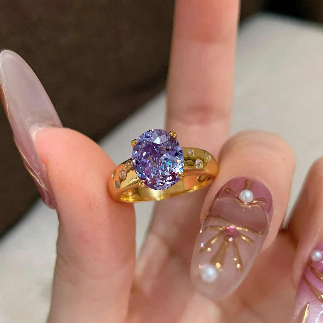 Vintage Antique Nine Purple Fire Ring Light Luxury Retro Purple Air East Pigeon Egg High Carbon Diamond Ring for Women