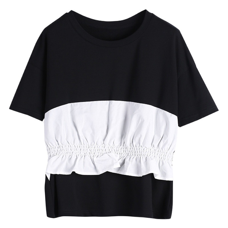 Chic Contrast Tight Waist Black T-shirt Women's European and American Dark Style Stitching Ruffled Slim-fit Short Sleeve Round Neck Top