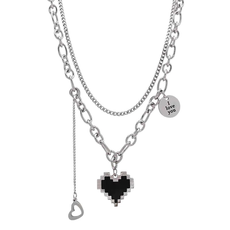 Titanium steel black mosaic pixel love heart pendant double stack with necklace incold wind hip hop tide necklace