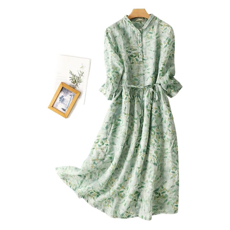Thirteen lines early autumn Foreign Trade original cut Ramie long sleeve dress cotton floral waist lace-up dress