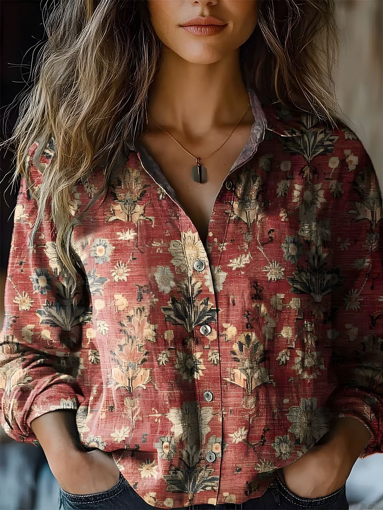 Picture of 2025 Cross-border European and American Foreign Trade Women's Spring and Summer New Retro Printed Long-sleeved Casual Shirt Imitation Cotton and Linen Shirt
