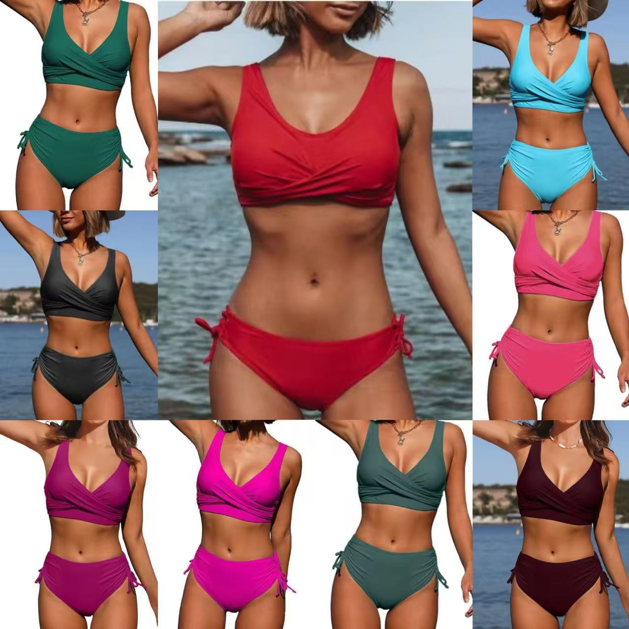 Swimsuit Split Bikini Solid Color Cross Strap Amazon High Waist Swimsuit European and American Foreign Trade Sexy Bikini