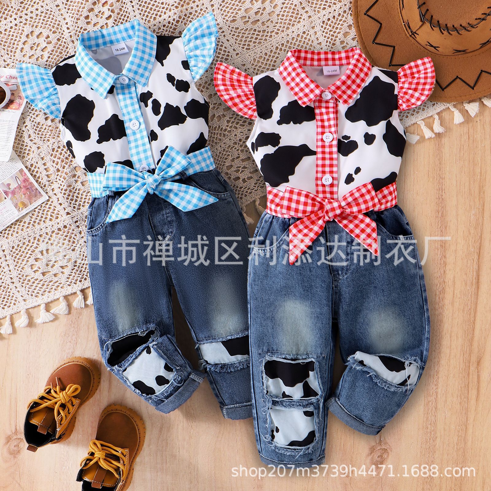 Foreign Trade Girl Baby European and American Style Sleeveless Shirt Top Denim Trousers Bow Belt suit