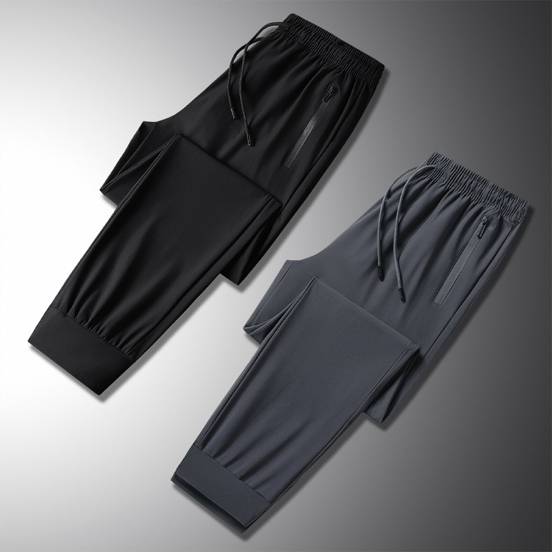 Ice silk trousers, casual quick-drying pants, men's summer cropped pants, plus size, high stretch, athleisure, silky and versatile pants