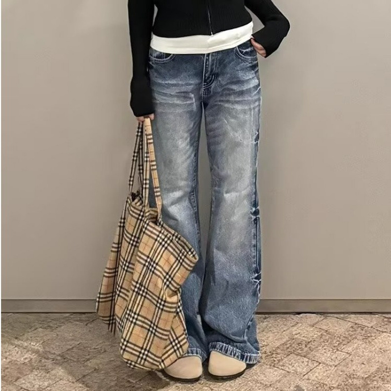 American Spice Girl Small Crease Washed Jeans Women's Autumn Low Waist Wide Leg Pants 2025 Korean Casual Denim