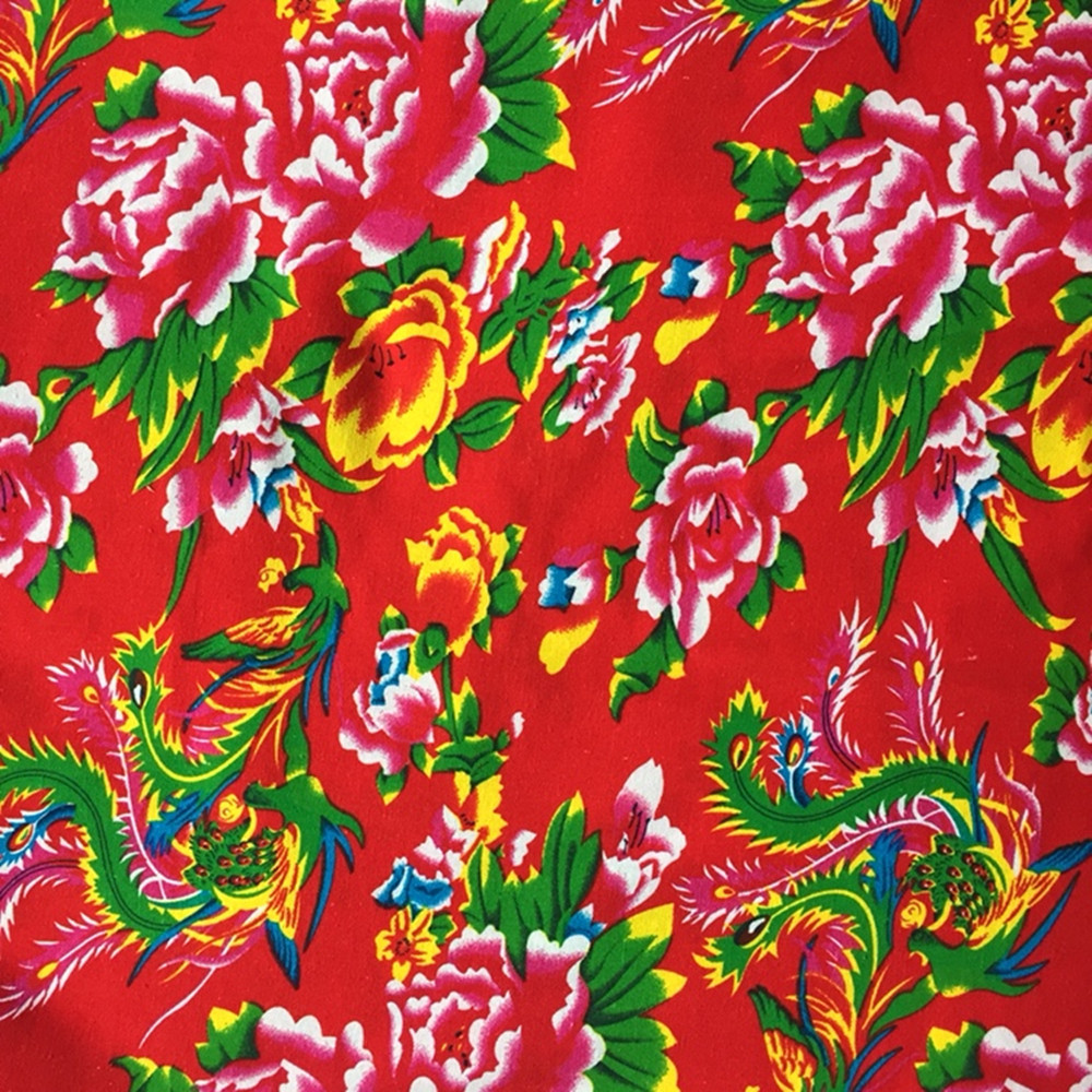 Ethnic Style Big Red Flower Cloth Phoenix Play Peony Northeast Large Flower Cloth Cheongsam Dress Cotton and Linen Printed Fabric