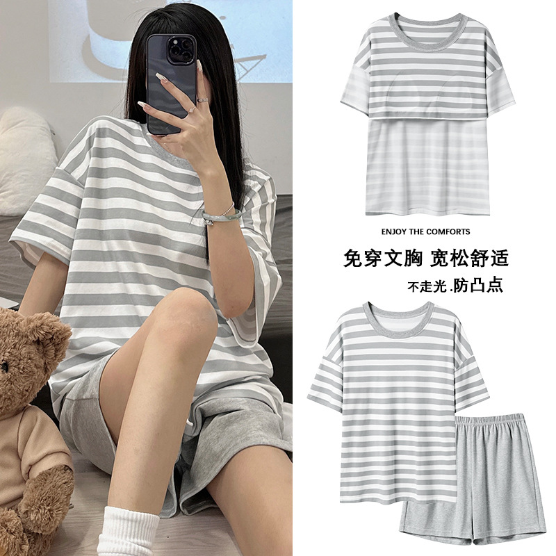 2024 Short-sleeved Pajamas Women's Summer Thin Cotton Home Clothes with Chest Pad Anti-bump Outfit suit Cross-border