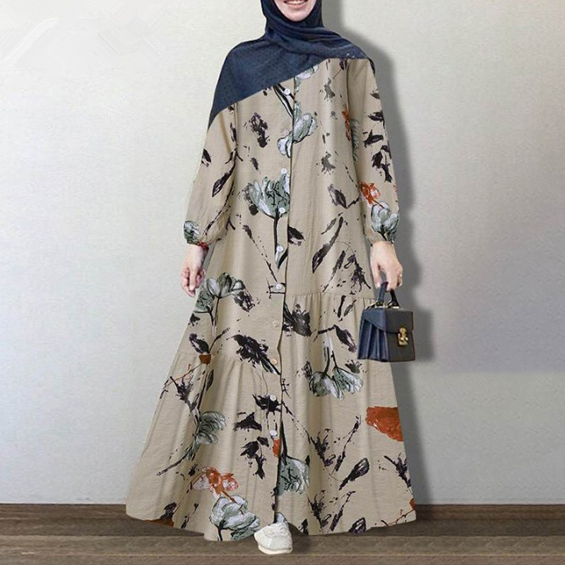Picture of Muslim Clothing Plus Size Women's Cross-Border Cotton and Linen Long-Sleeved Fashionable Loose Casual Floral Long Dress for Women