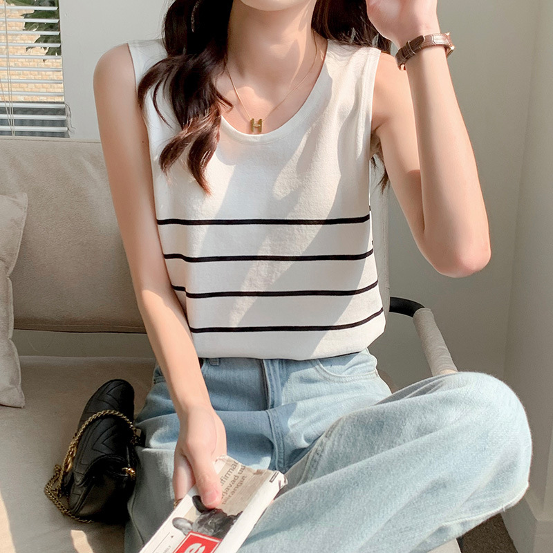 Real Shot Ice Silk Knitted Sweater Small Camisole Women's Summer Inner Wear Outer Wear Short-sleeved T-shirt Sleeveless ins Trendy