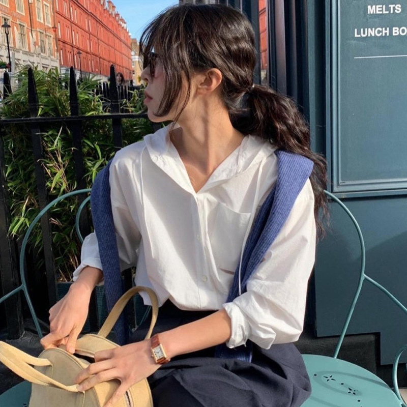Korean Chic Autum Simple Elegant Hooded Design Loose Casual Versatile Long-Sleeved White Shirt Top for Women