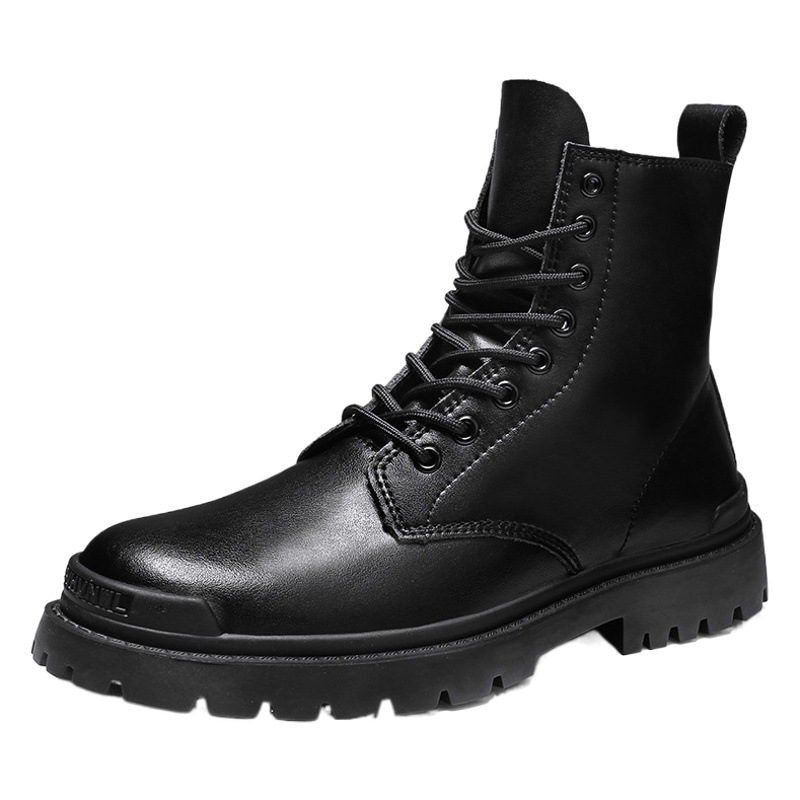 Martin boots men's genuine leather autumn high-top British style short boots mid-top workwear men's shoes fashionable winter fleece-lined snow boots