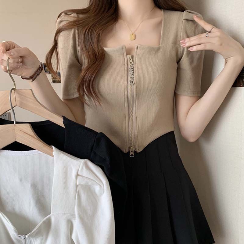 2025 New Summer Style Large Size Square Collar Short-Sleeved T-Shirt for Fat Girls Sexy Socialite French Slim Zipper Top