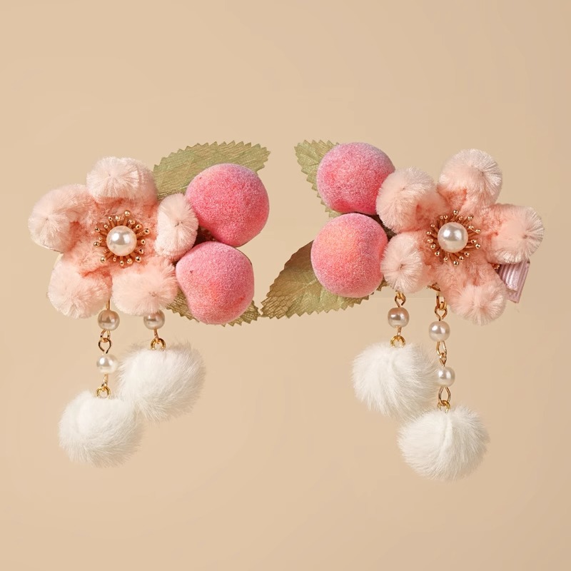 Children's Hanfu Headwear Antique Peaches Cute Velvet Women's Treasure Winter Pearl Tassel Hairpin Girls' New Year Hair Accessories