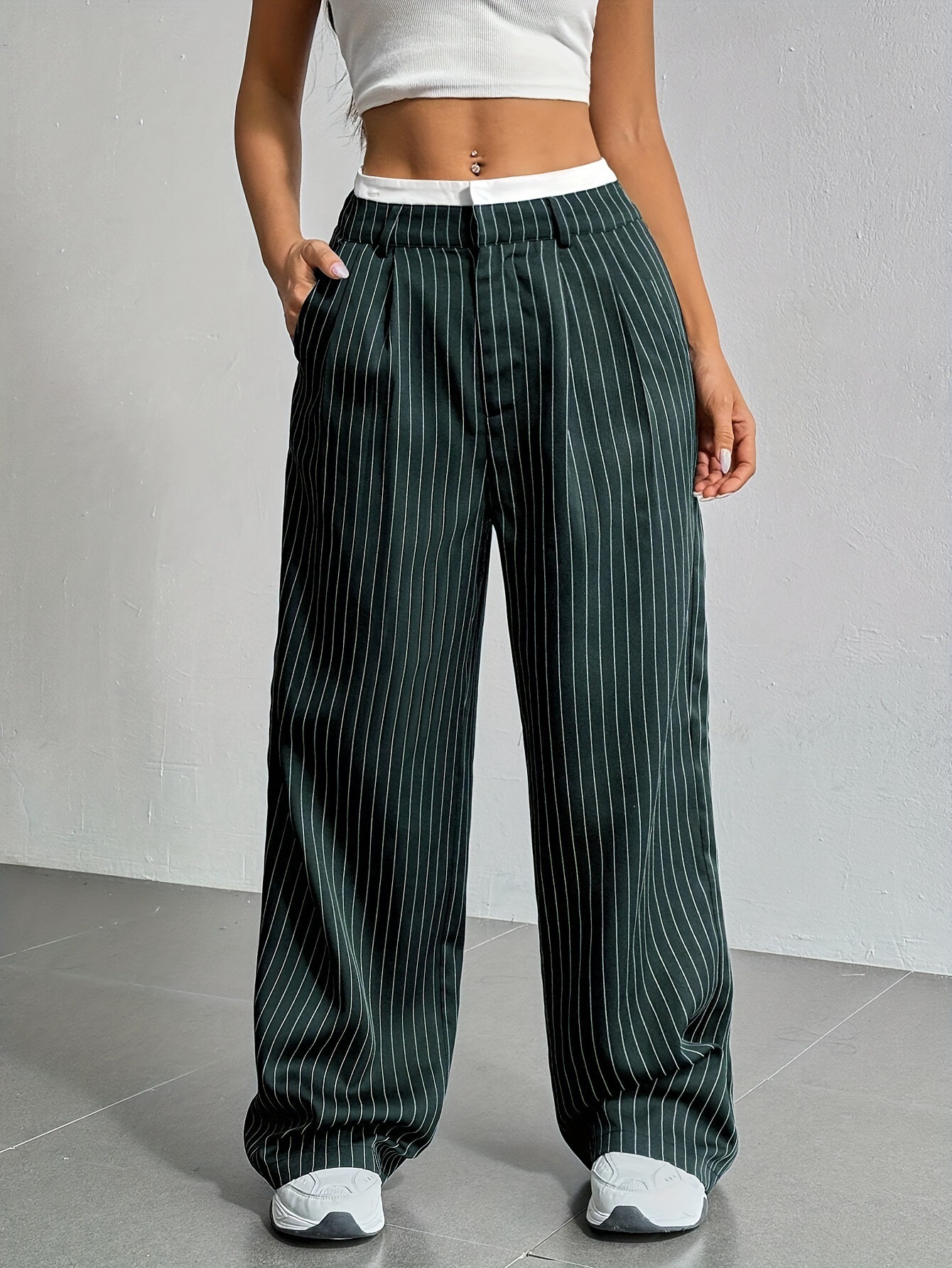 Picture of 2025 Spring and Summer New Cross-border Design Sense Pants Casual High Waist Stitching Pants Simple Dosing Sense Loose Straight Leg Pants