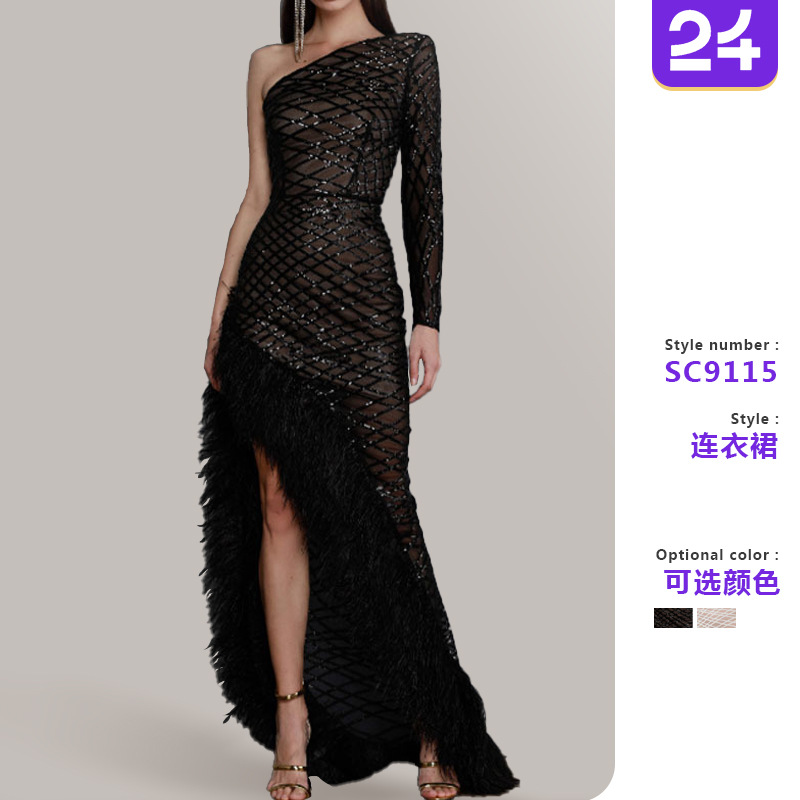 Picture of 2025 Cross-Border Spring and Summer New European and American Clothing Pure Color Sleeveless Asymmetrical Slope Collar Elegant Mesh Evening Dress Long Skirt