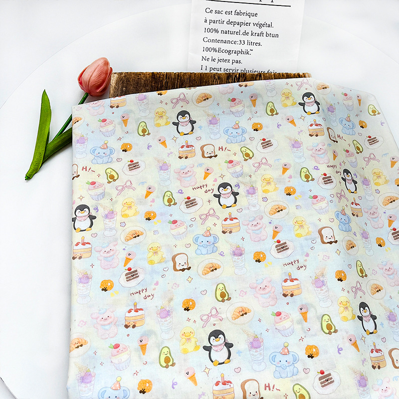 Dessert Little Penguin Digital Printed Fabric Cotton 60 Count Poplin Clothing Women's Dress Shirt Skirt Fabric