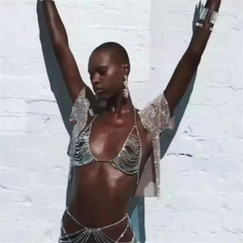 European and American sexy woman rhinestone mesh tassel body chain bra underwear suit beach transparent thong chain female