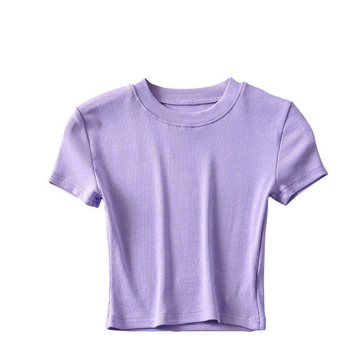 Picture of YPFF new summer color slim-fit short-sleeved round neck bag chest T-shirt sports fitness solid color short navel top