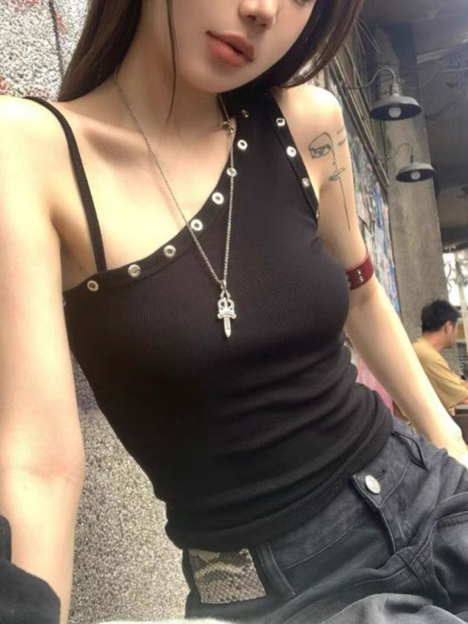 In-Stock Spicy American-Style Niche Off-Shoulder Short Camisole Top Summer Slim Chic Black Single-Shoulder Tank Top for Women
