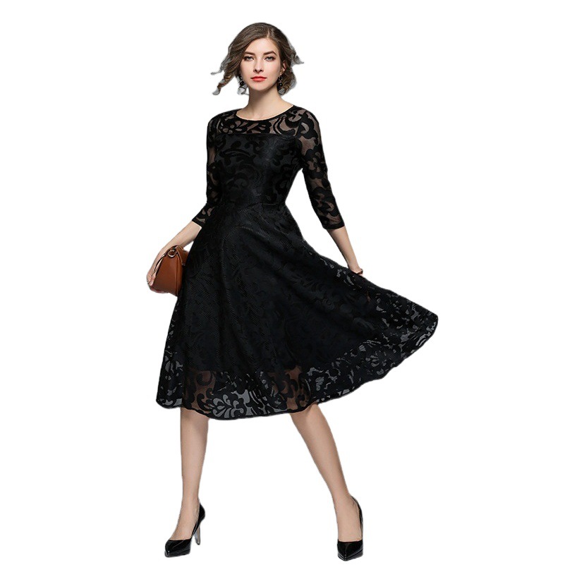 Cross-border Spring and Autumn Dress European and American Plus Size Women's Seven-point Sleeve Slim-fit Slimming Mid-length Lace Large Swing Dress