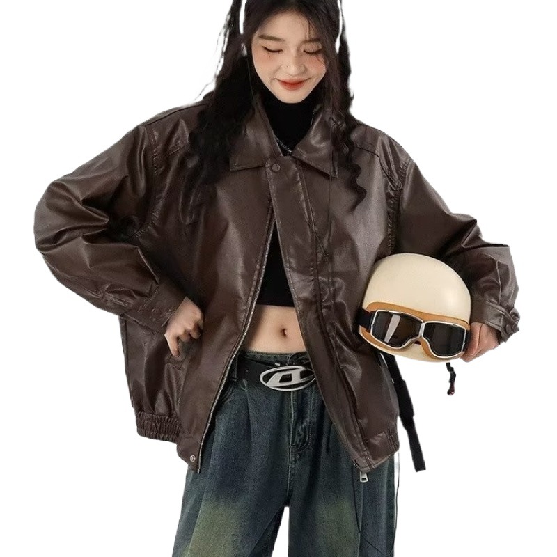 Picture of Cross-Border Hong Kong Style Brown Leather Jacket for Women 2023 New Autum American Retro Street Sweet and Cool Motorcycle Pu Wallet