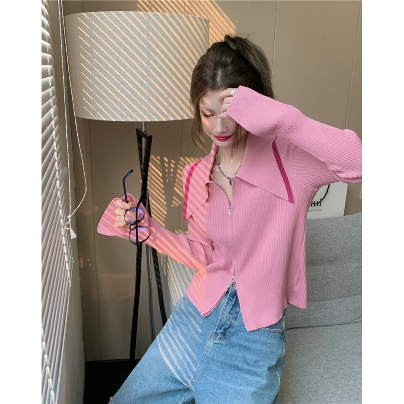 Picture of Autumn New Large Size Chubby Girl Large Lapel Double Head Zipper Design Short Loose Knitted Cardigan