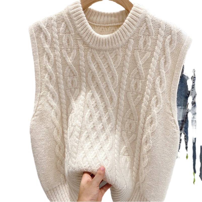 2024 Spring and Autumn Retro Twist Sleeveless Sweater Women's Korean Style Loose Stacked Knitted Vest with Round Neck Vest