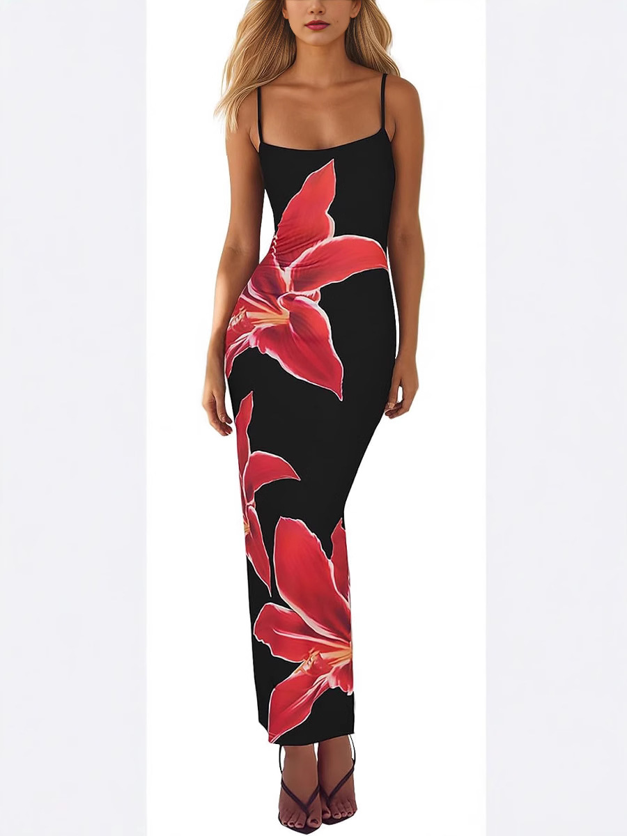 Picture of Autumn 2025 New Elegant Temperament Tight Low-cut Contrast Color Rose Print Design One Step Sling dress