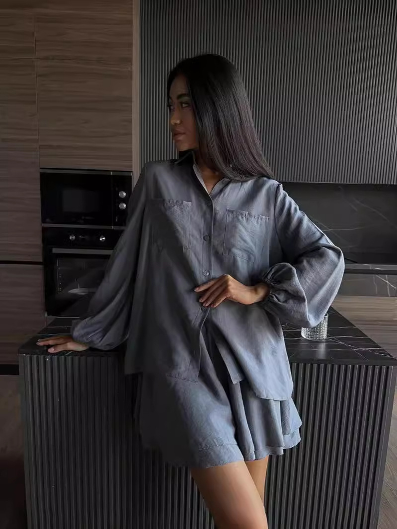 Picture of 2024 Summer European and American Women's Clothing Amazon Cross-border Long-sleeved Top Ruffled Shorts Casual Fashion Suit Women