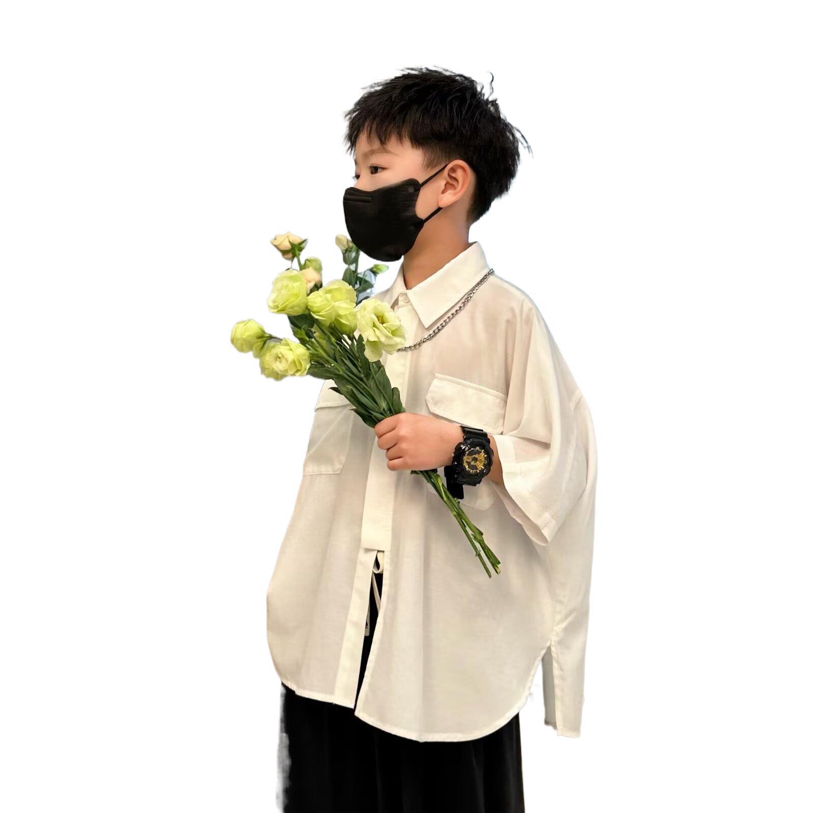 Picture of 2024 Summer New Boys Ice Silk Two-color Shirt Large Children's Pocket Shirt Casual Fashion Top Children's Men