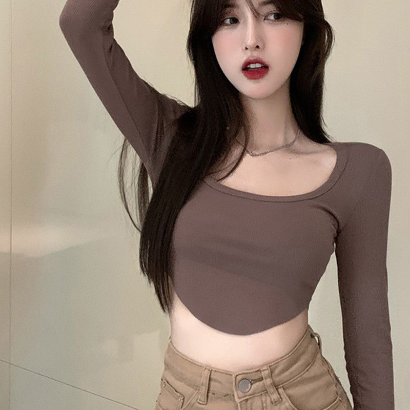Sweet and spicy style T-shirt slim-fit long-sleeved design bottoming shirt cropped hot girl student top for early autumn