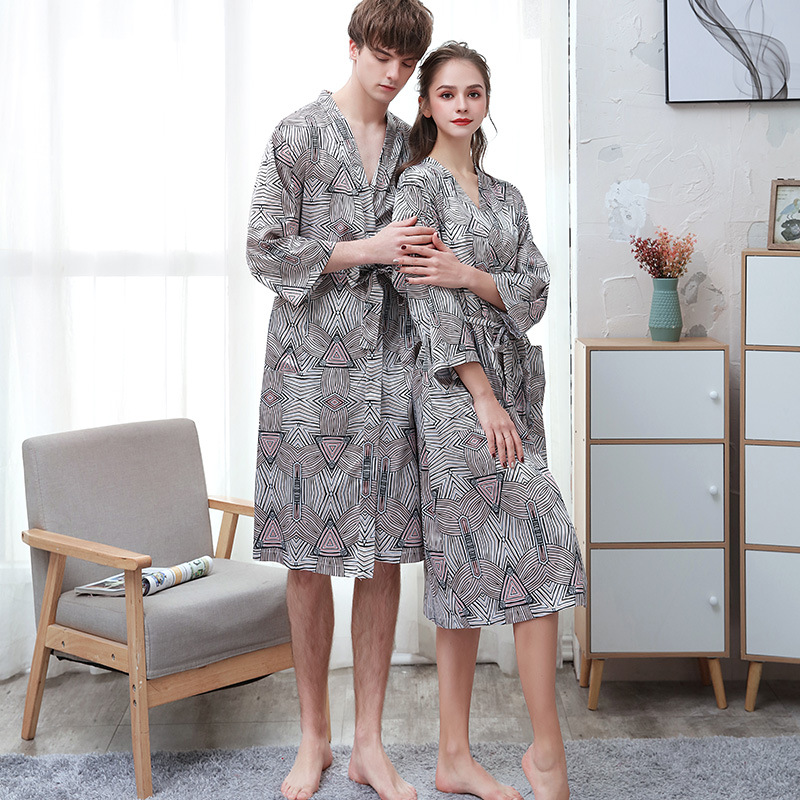Picture of Couple ice silk bathrobe women's summer thin digital printing artificial silk nightgown men's plus size pajamas spring and autumn