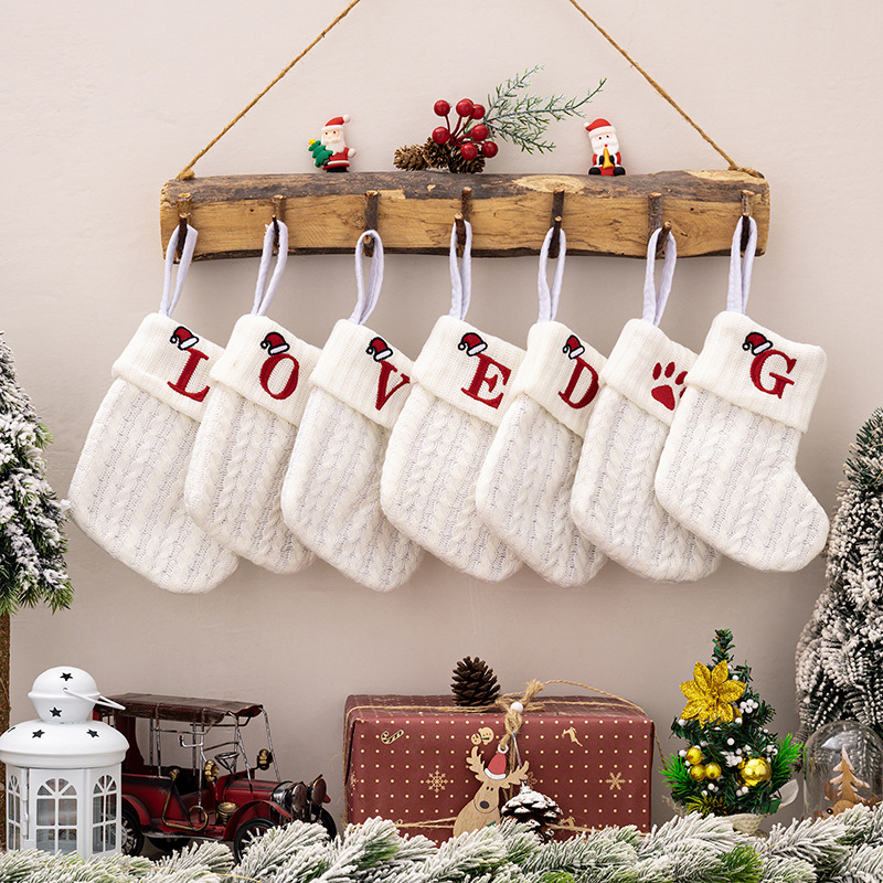 Cross Border Decorations Knitted Socks Wool Socks Embroidered Letters Children Candy Gift Bag White Christmas Stocking Gift Bag