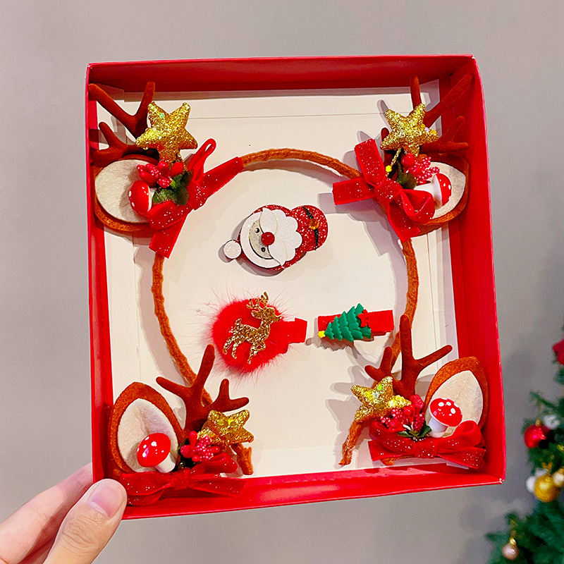 Picture of 2023 new children Girl Christmas headband hairpin suit combination cute antlers Christmas headband hairpin headdress