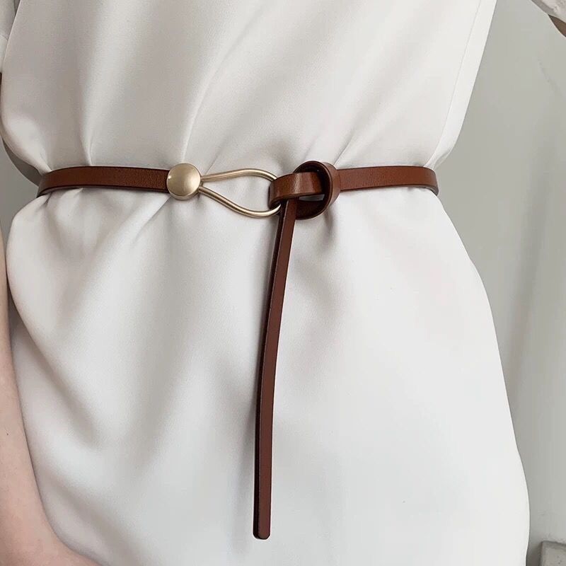Suit Thin Belt Women's Genuine Leather Easiest for Match Knotted Decorative Belt Fashion Black Dress Sweater Waist