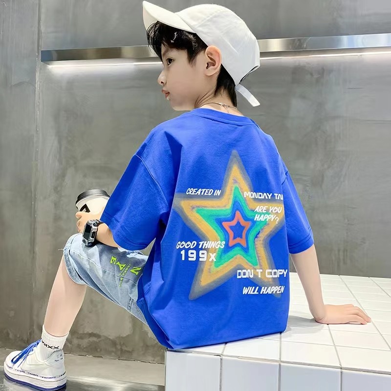 Boys' Summer Dress Handsome T-shirt 2023 New Arrival CUHK Children's Dress Western Style Boys Summer Short-Sleeved Street-Fried Fashionable Clothes