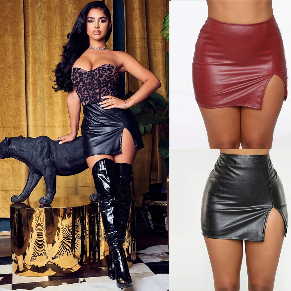 Picture of Aliexpress Wish European and American Women's Skirt Cross-Border High Waist Hip Short Skirt Nightclub Pu Leather Zipper Sexy Black Leather Skirt