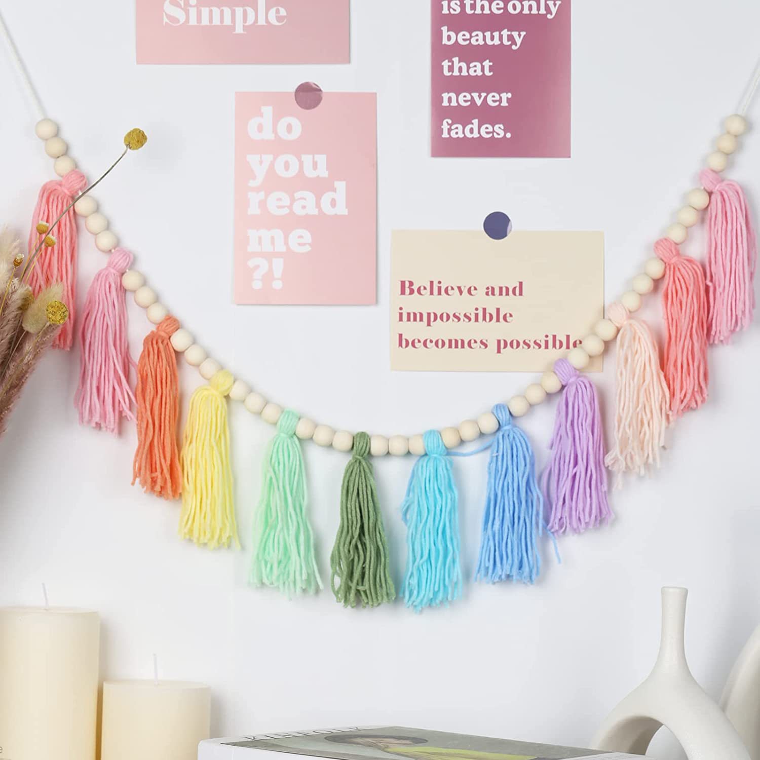 ins bohemian wooden beads tassel garland wooden beads tassel banner wall decoration wall hanging holiday decoration cross-border hot sale