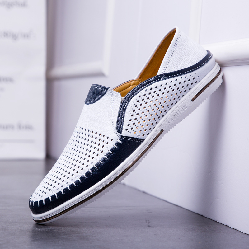 Cross-Border Popular Shopee Southeast Asia Genuine Leather Loafers for Men in Summer Breathable Hollow Leather Shoes for Men