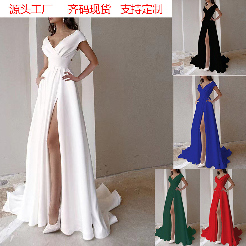 2024 Cross-border Wrapped Chest Ruffled Red and Black White Mid-waist Solid Color Elegant Commuter Dress dress Evening Dress