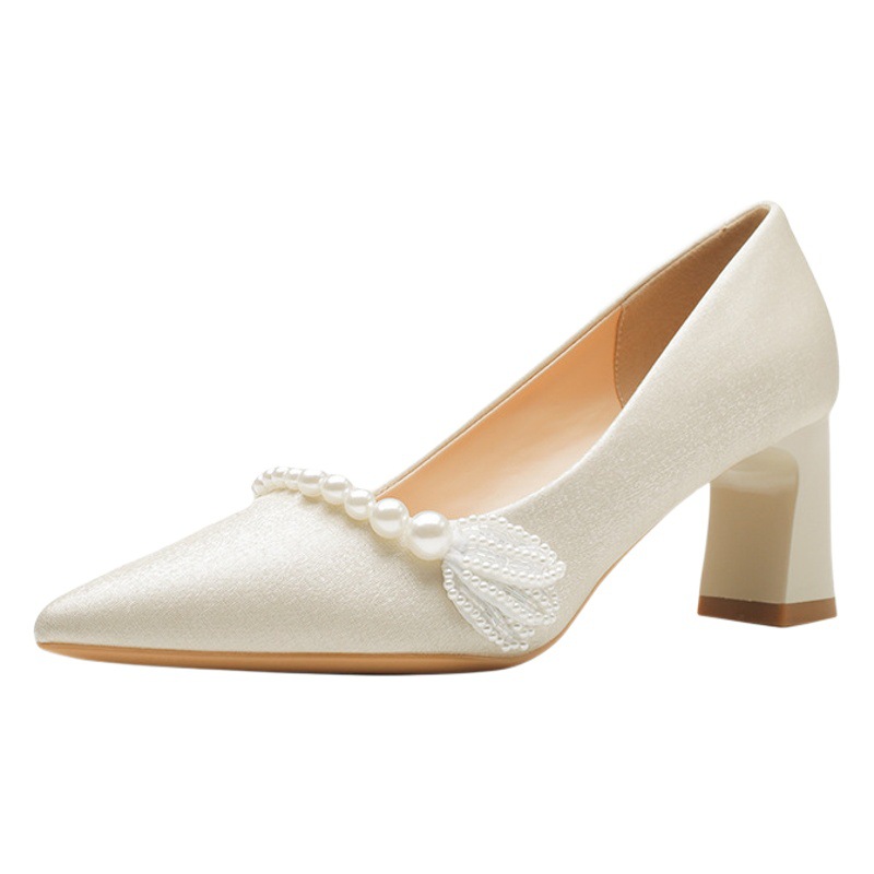 French High Heels, Feminine Small Size Bridesmaid Shoes, Women's Wedding Shoes, Main Wedding Dress, Girl's Silks and Satins Flats, Thick Heel Maternity Shoes