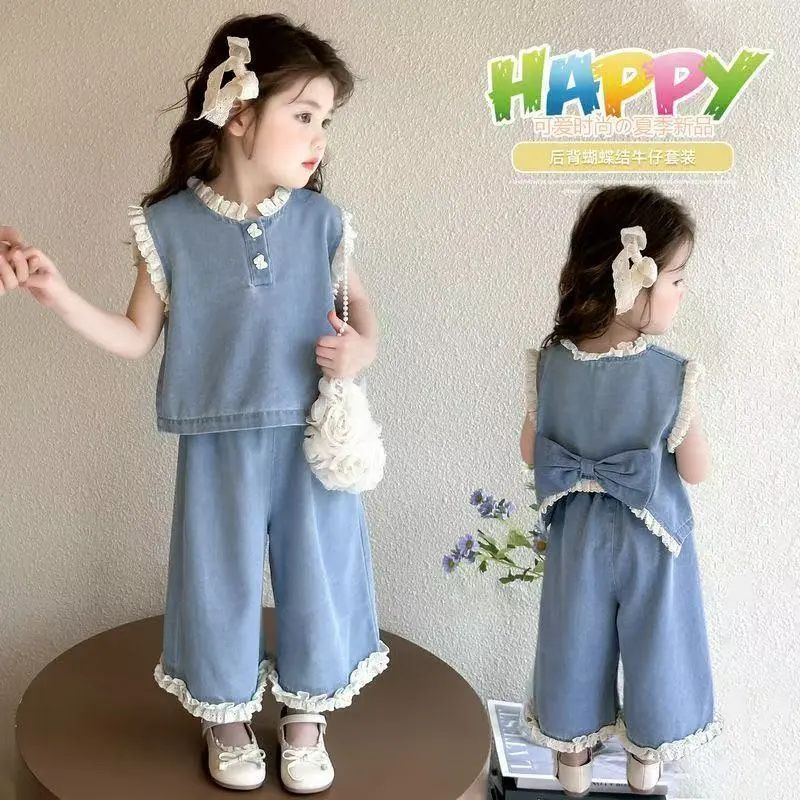 Girls Denim Suit Summer 2025 Wide-Leg Pants New Style Children's Summer Dress Sleeveless Vest Two-Piece Set