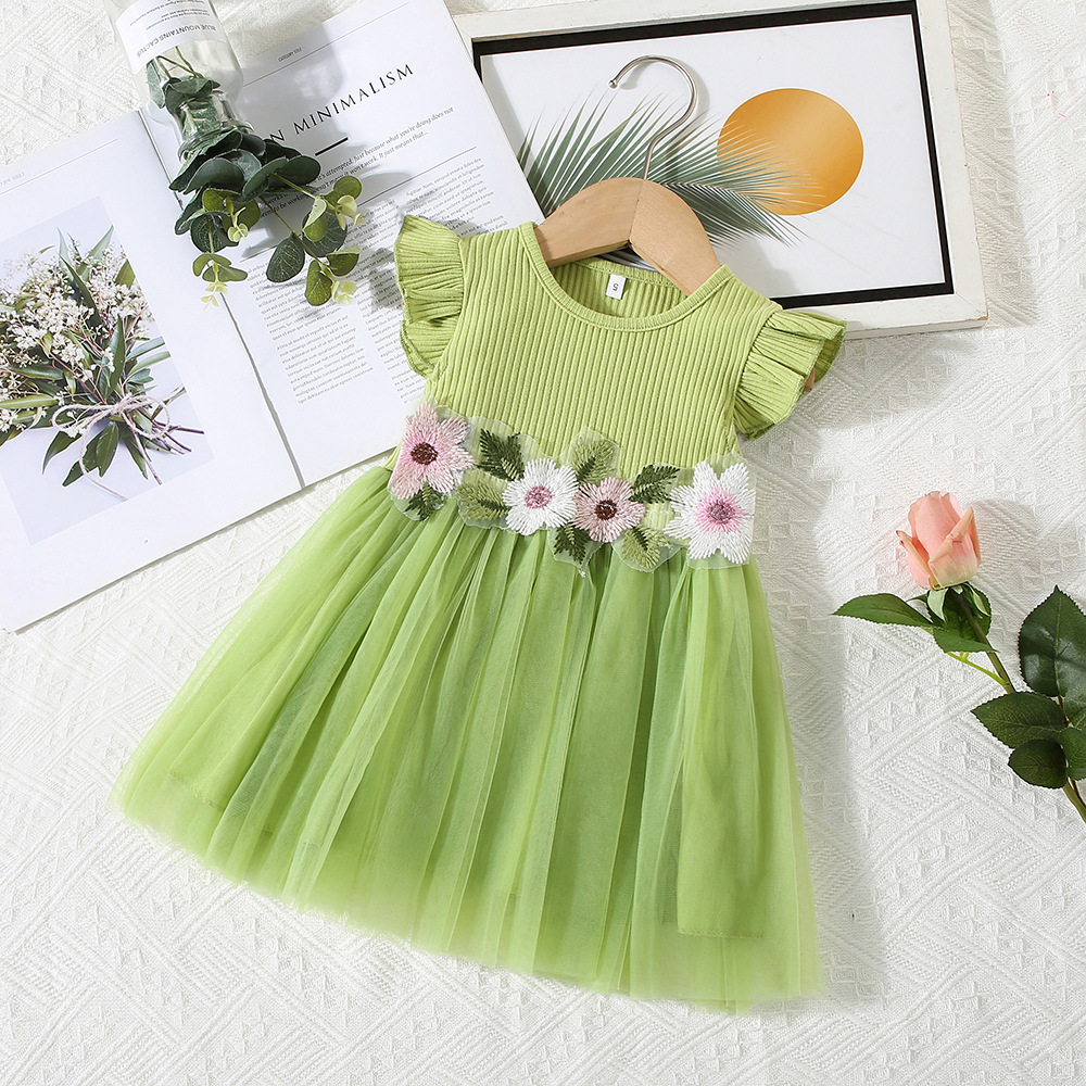 Summer New Korean Girl Flying Sleeve Pit Row of Flower Mesh dress on Waist