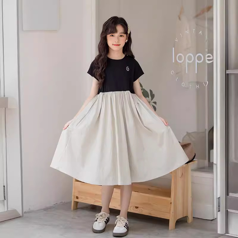 Girl's Big Boy's Contrast Dress Short-sleeved T-shirt One-piece Dress 2024 Summer Korean Children's Wear Girl's Thin Skirt Foreign Style