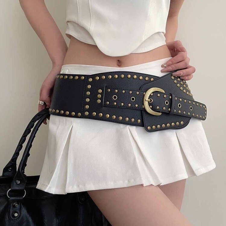 Women's Wide Belt Retro High-end Fashion All-match Decorative Fashion Dress Trendy Rivet Punk Style Belt