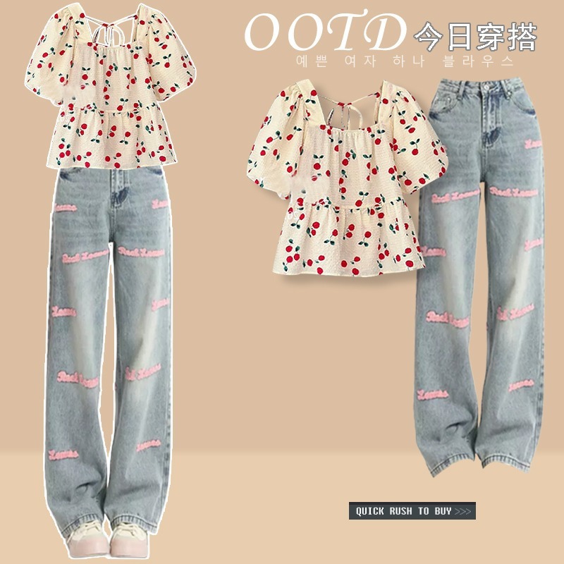 Fresh summer suit women's 2023 new French elegant square collar floral top high waist jeans two-piece set