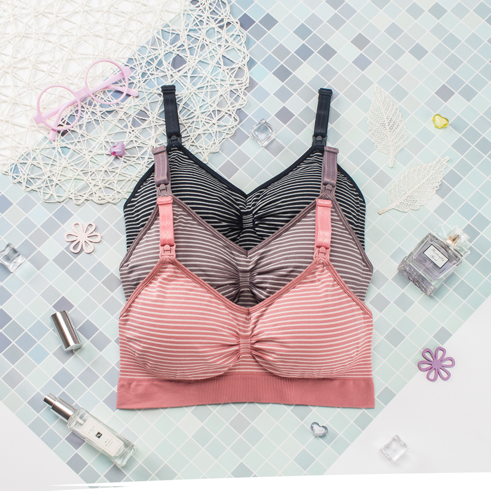 Striped nursing bra top buckle wireless underwear pregnant women push up anti-sagging nursing bra with breast pad