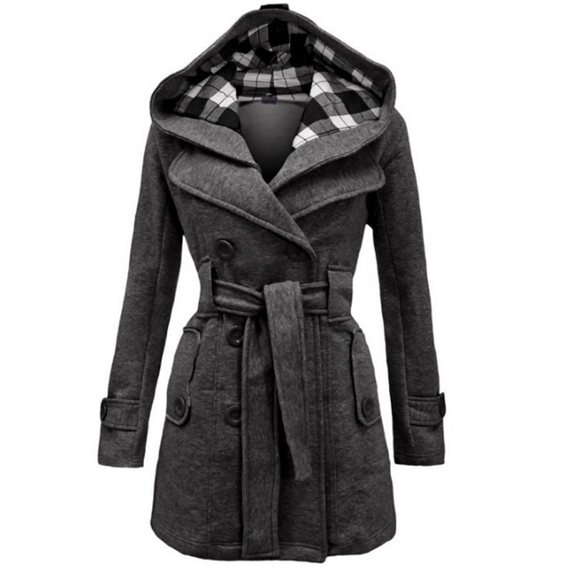 Picture of 2023 AliExpress EBAY Amazon New Plaid Hooded Tweed Coat Belt Double-breasted Mid-length Coat