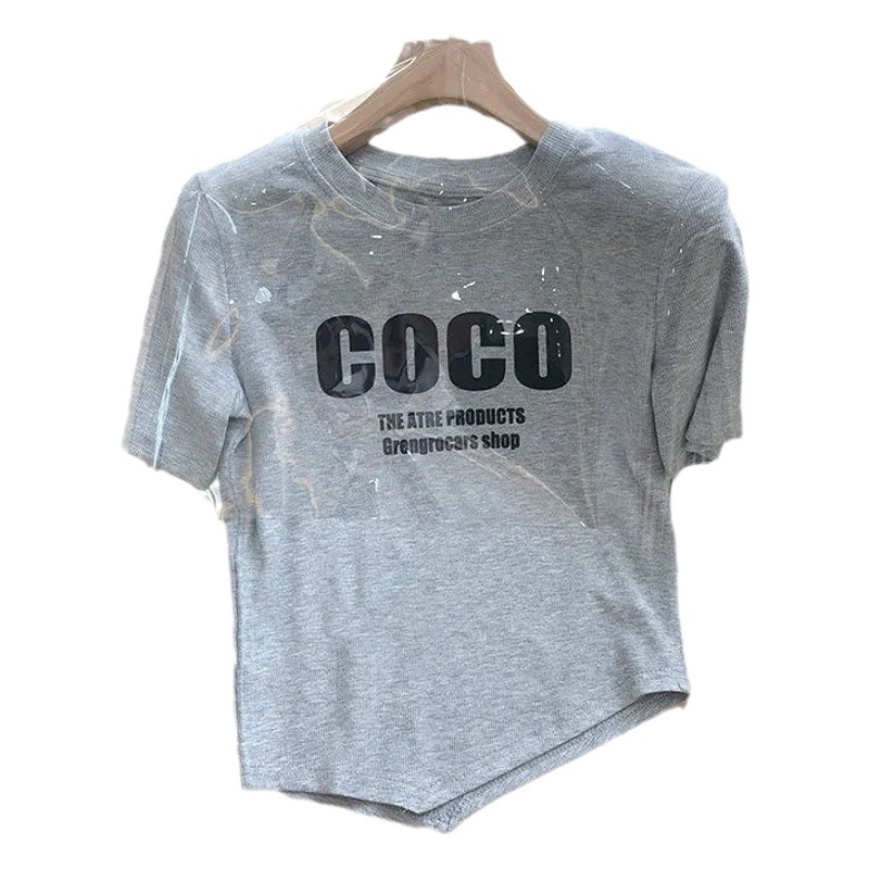 Hyun Ya Style Letter Printing Grey Short-sleeved T-shirt Women's Summer New Niche Design Sense Irregular Top Ins Trendy